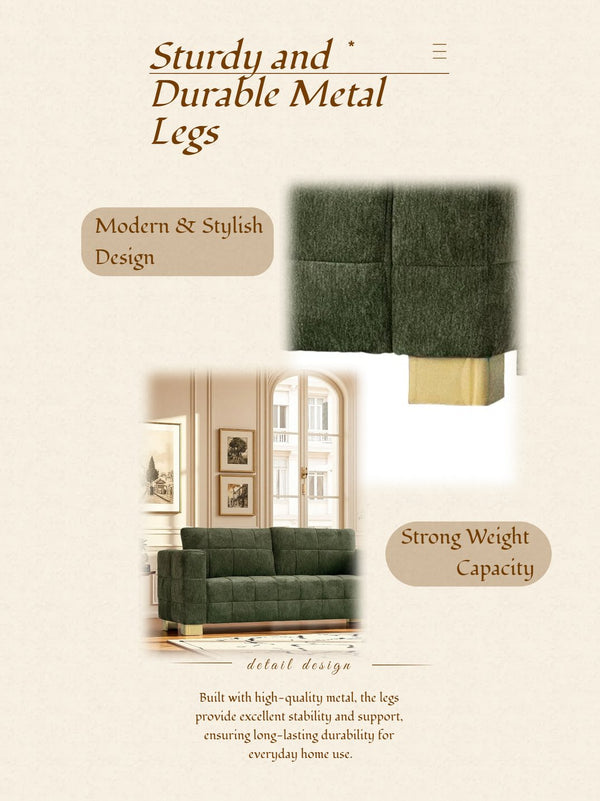 English Elm FX-P54-RB Modern Chenille 3-Seater Sofa with Wide Arms, Tufted Box Stitching & Stainless Legs for Durable Comfort Retro Green W576S00166