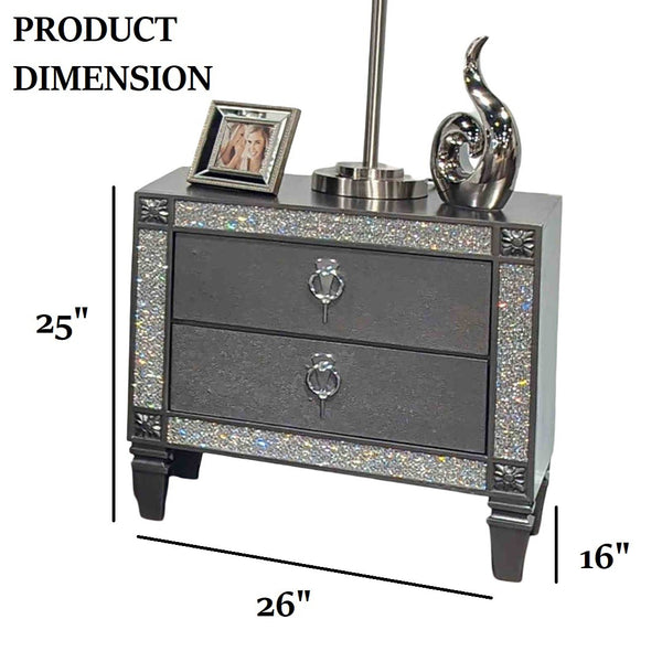 English Elm Glam Two Drawer Nightstand with Acrylic Trim Nickel Pulls and Tapered Legs in Gray B2741P435898