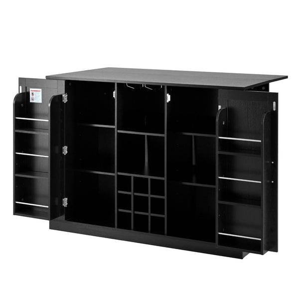 English Elm U_style Compact Kitchen Island with Drop Leaf Power Outlet Wine Rack Stemware Storage Black N711P437715B