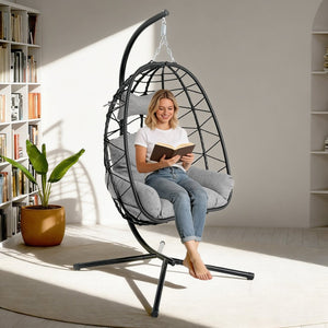 English Elm Hanging Egg Chair Pe Wicker Swing Seat with Stand Cushion for Patio or Bedroom T5880P497554