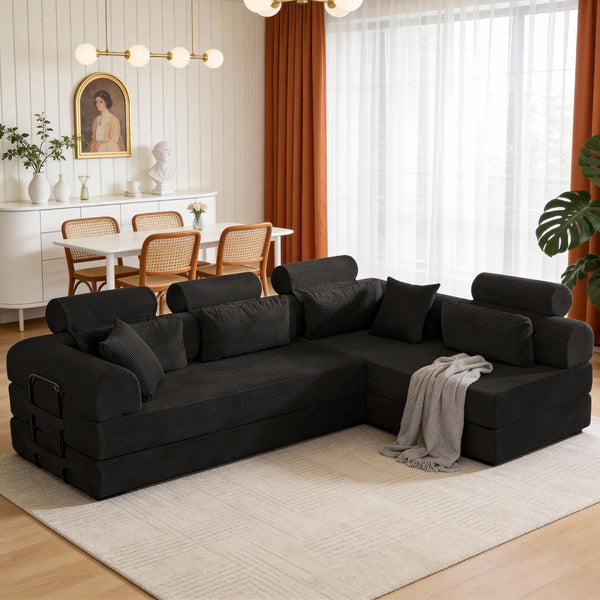English Elm L Shaped Corduroy Sectional Sofa Converts to Sleeper Bed Space Saving Modular Couch Black W5532S00001