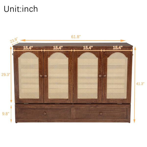English Elm Queen Size Murphy Bed - Stylish Pine Wood Cabinet With Power Station & Rattan Panel For Space-Saving W504S00234-GIGA