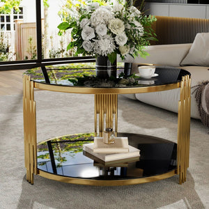 English Elm Modern Round Coffee Table Black Tempered Glass Top Gold Drum Base Living Room Glam N735P177478B