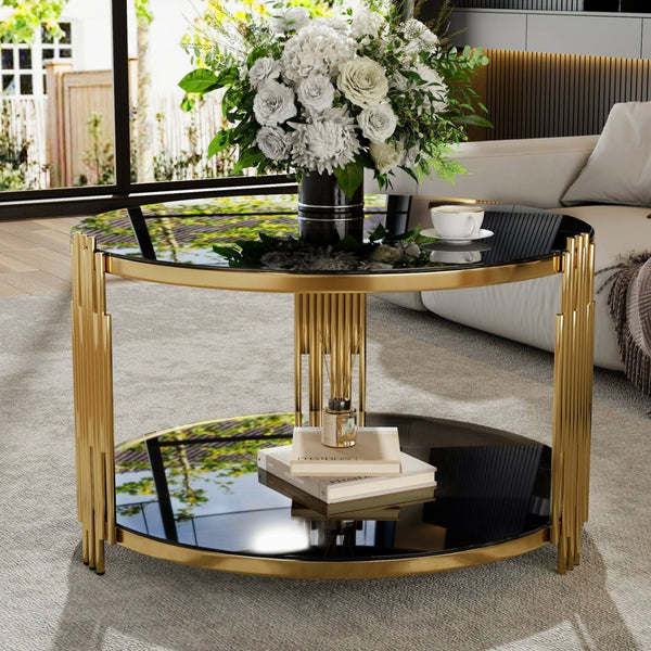 English Elm Modern Round Coffee Table Black Tempered Glass Top Gold Drum Base Living Room Glam N735P177478B