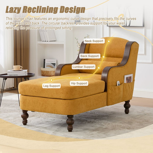 English Elm UNITED Oversized Chaise Lounge Sofa Bed with Solid Wood Arms, High-Resilience Foam, 800lb Capacity and Storage Pockets Mustard yellow W1568S00211