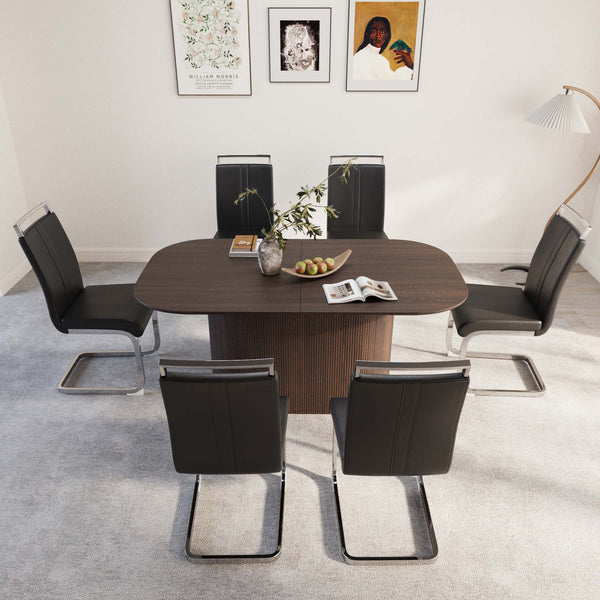 English Elm 63" Mid-Century Modern Brown Mdf Dining Table With 6 Armless Pu Chairs For Stylish Home & Kitchen W2189S00678