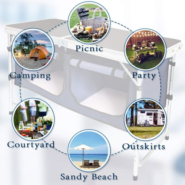 English Elm Folding Aluminum Camp Table with Side Storage Compartments and Adjustable Height Settings W2181P481699