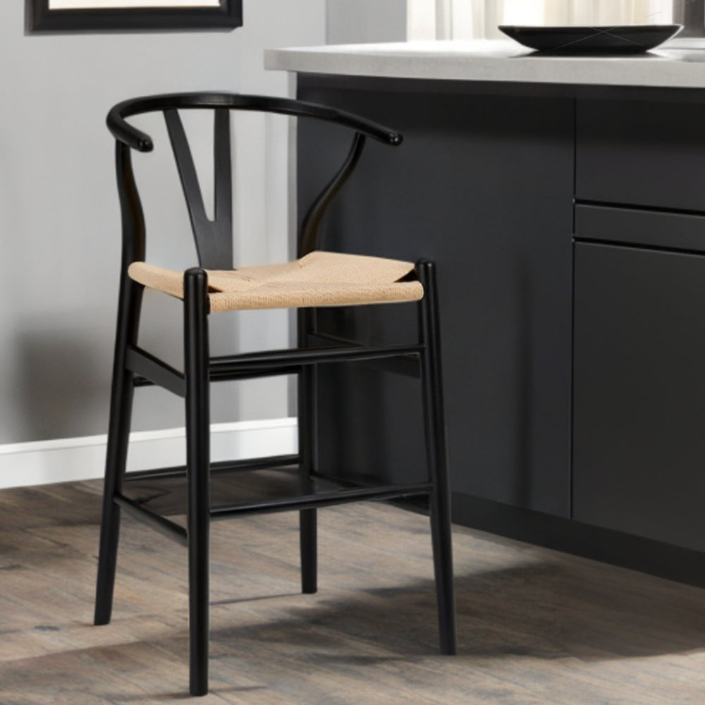 Homeroots Natural And Black Solid Wood Counter Height Bar Chair   357505