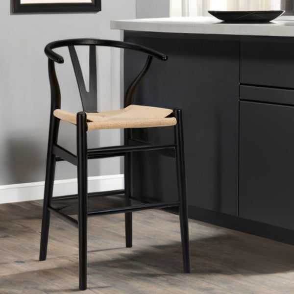 Homeroots Natural And Black Solid Wood Counter Height Bar Chair   357505