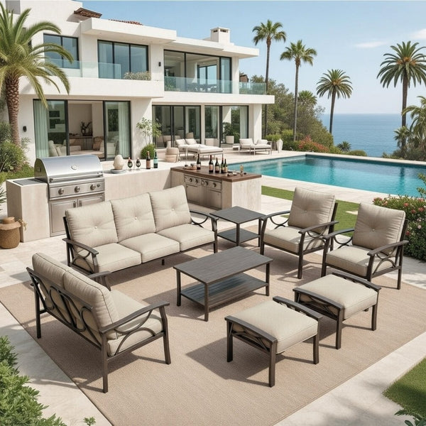English Elm 8-piece Outdoor Conversation Set 9 Seat Steel Patio Sofa with Thick Cushions Tables Beige B082S00118