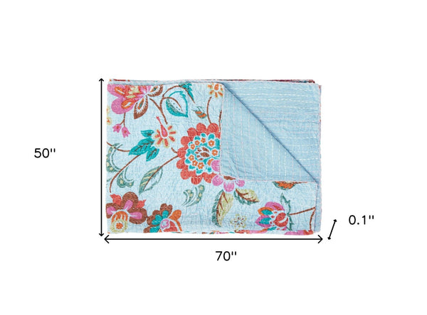 Homeroots 50" Cozy Pink And Red Kantha Floral Throw Blanket - Embroidered Elegance For Your Home Decor Cotton ,50"X70" Cotton 357557