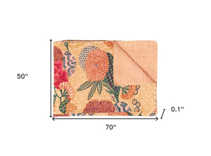 Homeroots 50" X 70" Orange And Red Kantha Cotton Floral Throw Blanket With Embroidery  Cotton 357559