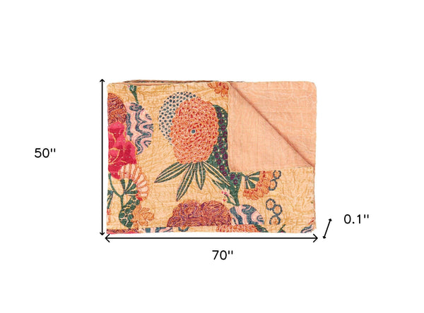 Homeroots 50" X 70" Orange And Red Kantha Cotton Floral Throw Blanket With Embroidery  Cotton 357559
