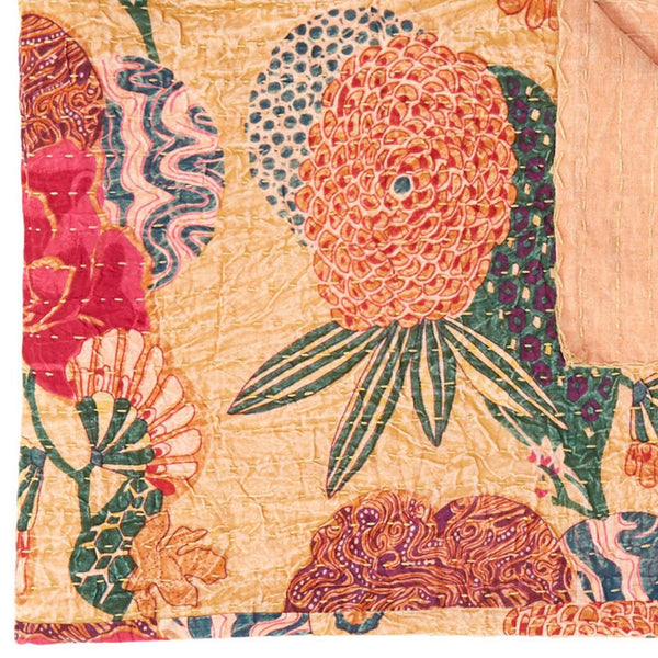 Homeroots 50" X 70" Orange And Red Kantha Cotton Floral Throw Blanket With Embroidery  Cotton 357559