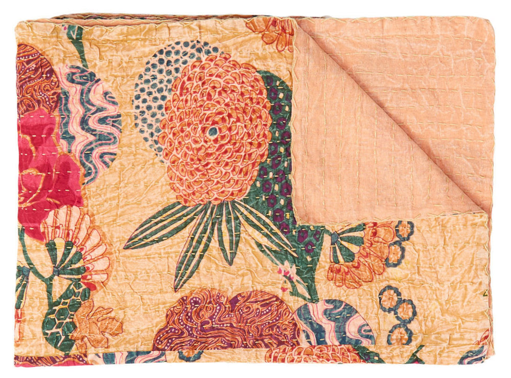 Homeroots 50" X 70" Orange And Red Kantha Cotton Floral Throw Blanket With Embroidery  Cotton 357559