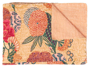 Homeroots 50" X 70" Orange And Red Kantha Cotton Floral Throw Blanket With Embroidery  Cotton 357559