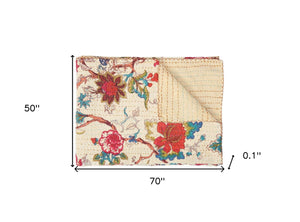 Homeroots 50" Bright Yellow And Red Kantha Floral Throw Blanket – Cozy Embroidered Comfort For Your Home Cotton ,50"X70" Cotton 357561