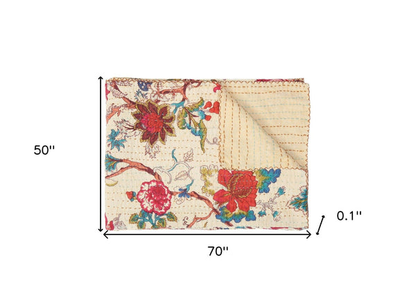 Homeroots 50" Bright Yellow And Red Kantha Floral Throw Blanket – Cozy Embroidered Comfort For Your Home Cotton ,50"X70" Cotton 357561