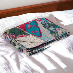 HomeRoots 50" Embrace Artisanal Charm with Green and Pink Kantha Throw Blanket – Reversible & Lightweight Decor Cotton - 50"x70" Purple / Red / Blue 357562
