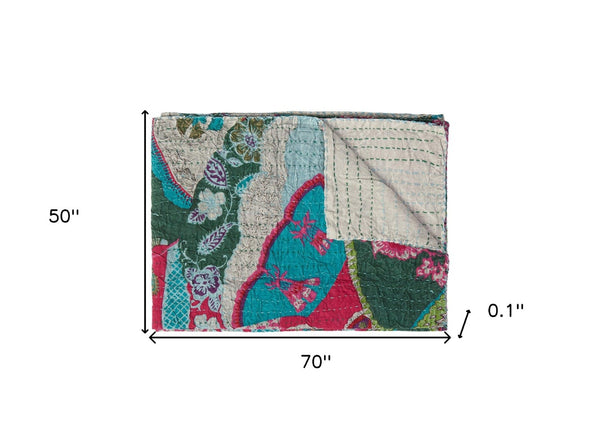 Homeroots 50" Bright Yellow And Red Kantha Floral Throw Blanket – Cozy Embroidered Comfort For Your Home Cotton ,50"X70" Cotton 357562