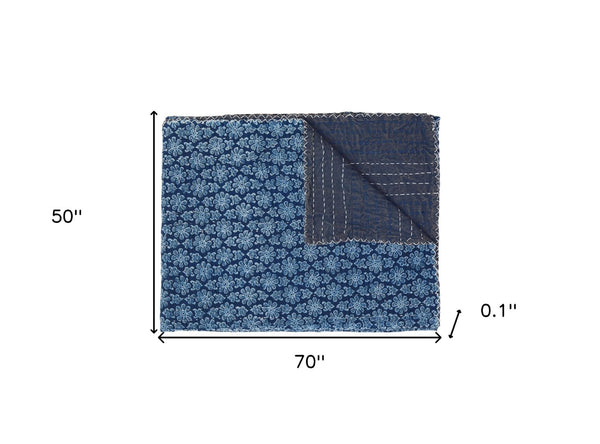 Homeroots 50" Blue Kantha Cotton Floral Throw Blanket - Embroidered Comfort For Stylish Home Decor Cotton ,50"X70" Cotton 357568
