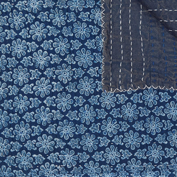 Homeroots 50" Blue Kantha Cotton Floral Throw Blanket - Embroidered Comfort For Stylish Home Decor Cotton ,50"X70" Cotton 357568