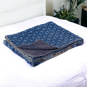 Homeroots 50" Blue Kantha Cotton Floral Throw Blanket - Embroidered Comfort For Stylish Home Decor Cotton ,50"X70" Cotton 357568