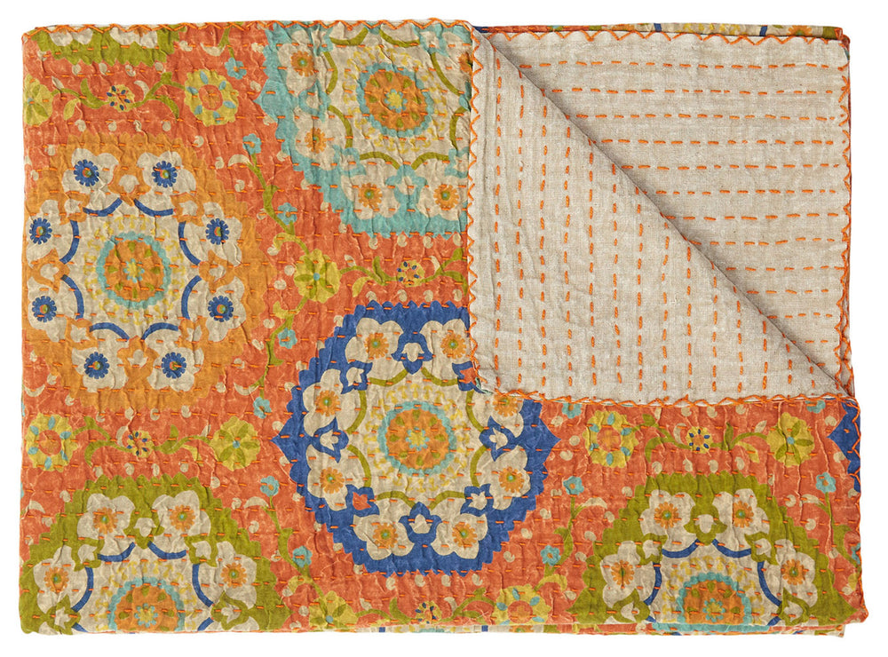Homeroots 50" X 70" Orange And Blue Kantha Cotton Floral Throw Blanket With Embroidery Cream ,Brown Cotton 357569
