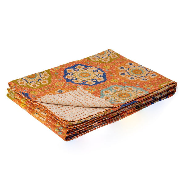 HomeRoots 50" Blue Kantha Floral Throw Blanket - Artisanal Hand-Stitched Design for Cozy Everyday Comfort Cotton - 50"x70" Cream / Brown 357569