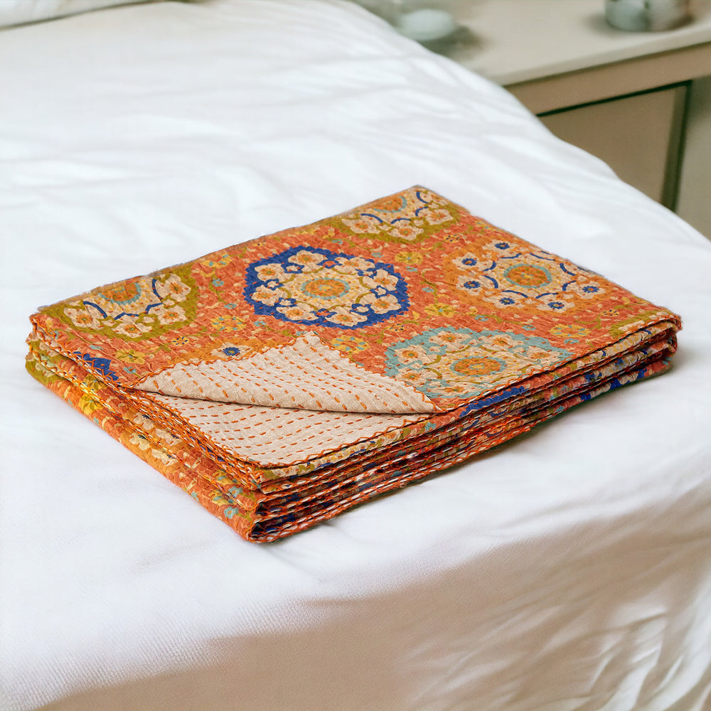 Homeroots 50" X 70" Orange And Blue Kantha Cotton Floral Throw Blanket With Embroidery Cream ,Brown Cotton 357569