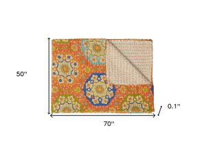 HomeRoots 50" Blue Kantha Floral Throw Blanket - Artisanal Hand-Stitched Design for Cozy Everyday Comfort Cotton - 50"x70" Cream / Brown 357569