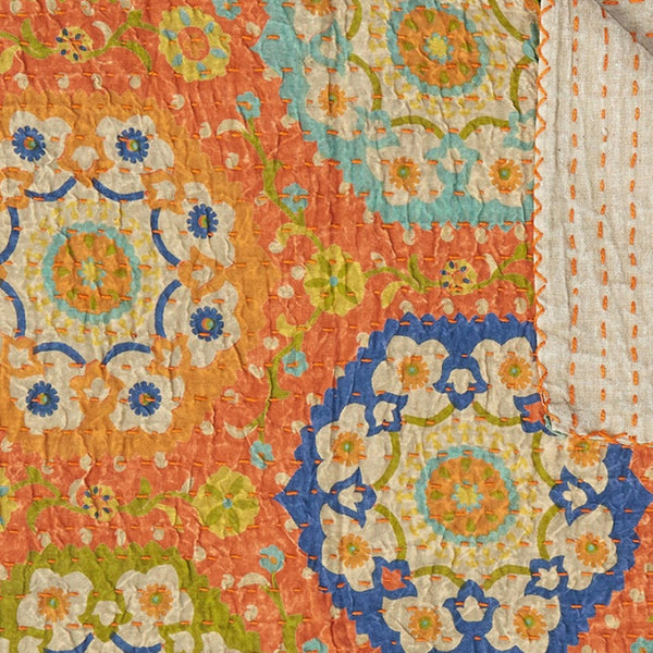 HomeRoots 50" Blue Kantha Floral Throw Blanket - Artisanal Hand-Stitched Design for Cozy Everyday Comfort Cotton - 50"x70" Cream / Brown 357569