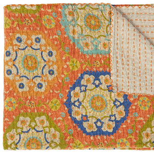 HomeRoots 50" Blue Kantha Floral Throw Blanket - Artisanal Hand-Stitched Design for Cozy Everyday Comfort Cotton - 50"x70" Cream / Brown 357569