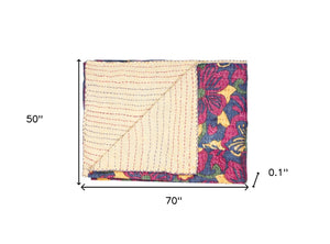 Homeroots 50" Kantha Cotton Floral Throw Blanket - Cozy Blue & Pink Embroidered Design For Stylish Spaces  Cotton 357571