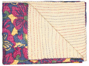 Homeroots 50" Kantha Cotton Floral Throw Blanket - Cozy Blue & Pink Embroidered Design For Stylish Spaces  Cotton 357571