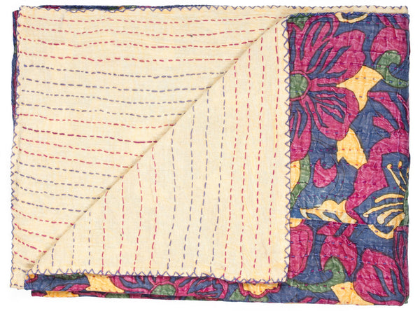 Homeroots 50" Kantha Cotton Floral Throw Blanket - Cozy Blue & Pink Embroidered Design For Stylish Spaces  Cotton 357571