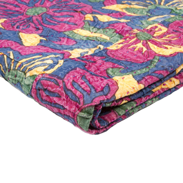 Homeroots 50" Kantha Cotton Floral Throw Blanket - Cozy Blue & Pink Embroidered Design For Stylish Spaces  Cotton 357571