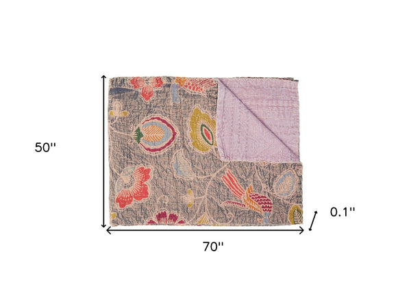 Homeroots 50" Elegant Gray And Pink Kantha Floral Throw Blanket With Exquisite Embroidery For Cozy Spaces Cotton ,50"X70" Cotton 357574
