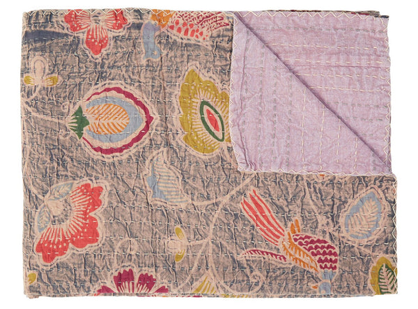 HomeRoots 50" Elegant Gray and Pink Kantha Floral Throw Blanket - Soft, Stylish, and Reversible Accent Piece Cotton - 50"x70" Black / Cream / Red / Blue 357574