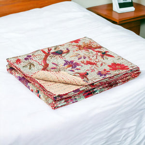 HomeRoots 50" Elegant Gray and Pink Kantha Floral Throw Blanket - Soft, Stylish, and Reversible Accent Piece Cotton - 50"x70" Grey / Soft Blue / Red 357575