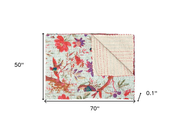 Homeroots 50" Elegant Gray And Pink Kantha Floral Throw Blanket With Exquisite Embroidery For Cozy Spaces Cotton ,50"X70" Cotton 357575