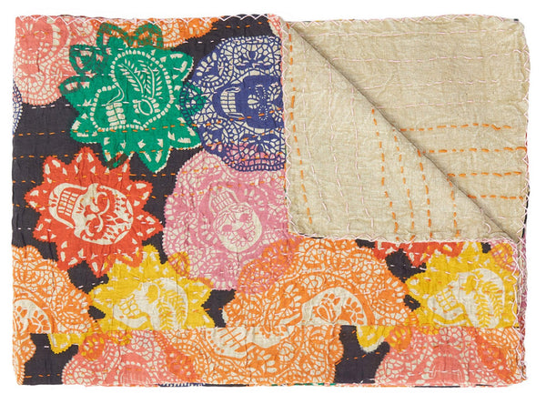 HomeRoots 50" Kantha Cotton Patchwork Throw Blanket - Vibrant Black, Green, Red & Pink with Embroidery Design 357576