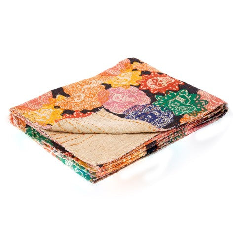Homeroots 50" Cozy Kantha Cotton Patchwork Throw Blanket In Black, Green, Red & Pink With Stunning Embroidery  Cotton 357576