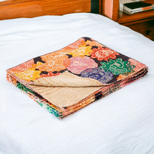 Homeroots 50" Cozy Kantha Cotton Patchwork Throw Blanket In Black, Green, Red & Pink With Stunning Embroidery  Cotton 357576