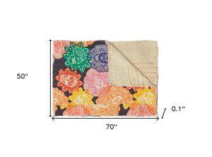 Homeroots 50" Cozy Kantha Cotton Patchwork Throw Blanket In Black, Green, Red & Pink With Stunning Embroidery  Cotton 357576