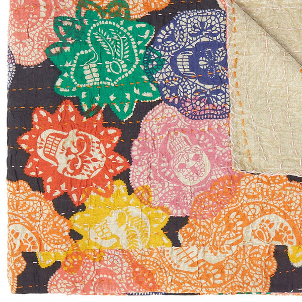 Homeroots 50" Cozy Kantha Cotton Patchwork Throw Blanket In Black, Green, Red & Pink With Stunning Embroidery  Cotton 357576