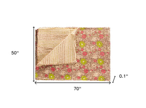 Homeroots 50" X 70" Green And Brown Kantha Cotton Floral Throw Blanket With Embroidery Beige ,Red ,Green,Brown Cotton 357577