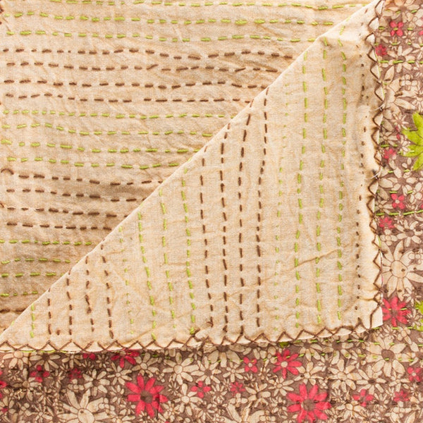 Homeroots 50" X 70" Green And Brown Kantha Cotton Floral Throw Blanket With Embroidery Beige ,Red ,Green,Brown Cotton 357577