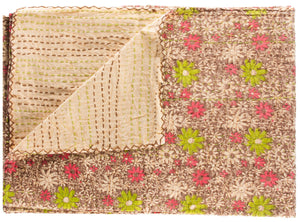 Homeroots 50" X 70" Green And Brown Kantha Cotton Floral Throw Blanket With Embroidery Beige ,Red ,Green,Brown Cotton 357577