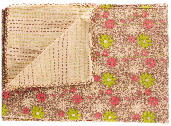 Homeroots 50" X 70" Green And Brown Kantha Cotton Floral Throw Blanket With Embroidery Beige ,Red ,Green,Brown Cotton 357577